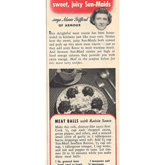 Sun-Maid Raisins Meat Extender Vintage Print Ad 1943 Fresno California u - Picture 3 of 9